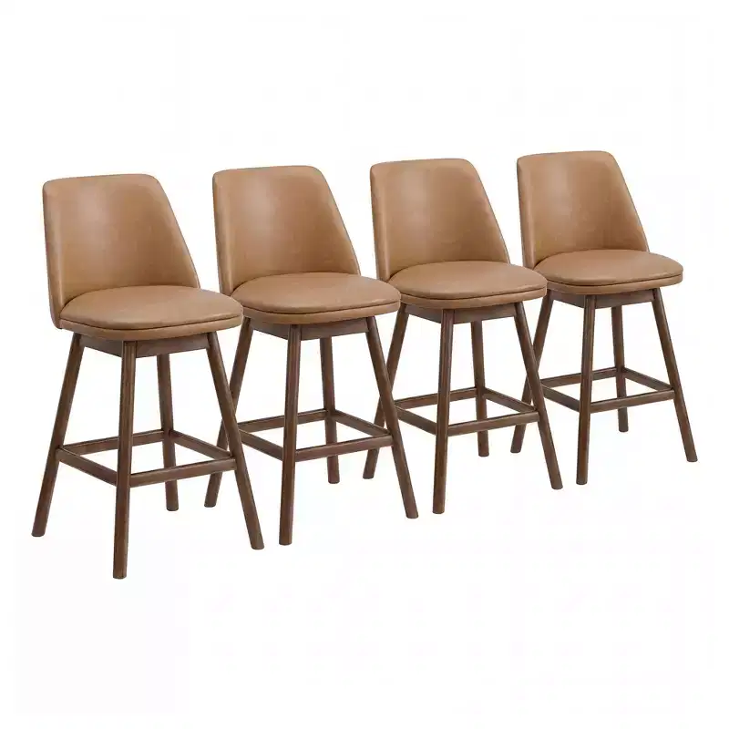 Brown Faux Leather Swivel Counter Stool, Walnut Finish, Set of 4