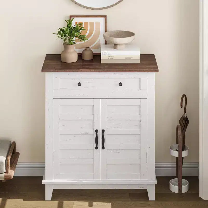Rustic Storage Cabinet 31.5 Adjustable 3-Tier, Farmhouse Entryway Organizer with Slatted Doors