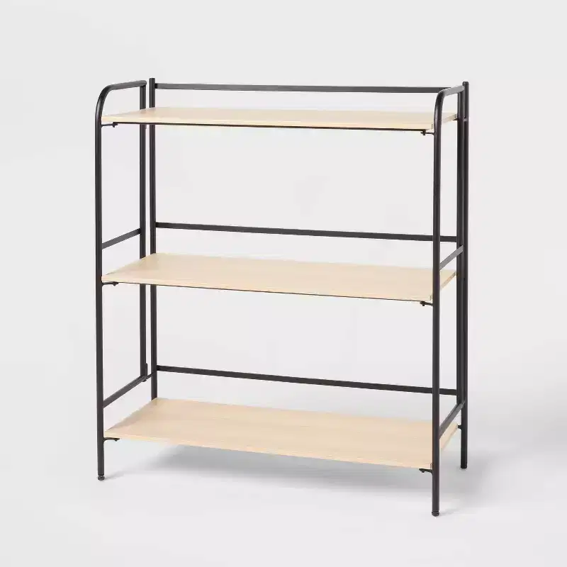 Folding 3 Shelf Black Metal with Natural Wood Shelves - Brightroom