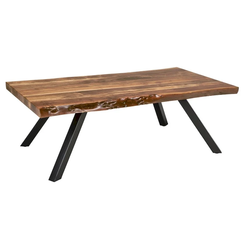 54 Inch Coffee Table, Acacia Wood Surface, Live Edge, Rich Brown