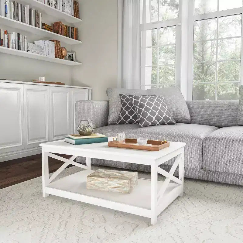 2-Tiered Low Profile X-Leg Design Coffee Table - White