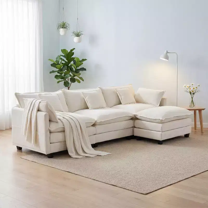 Chenille 3-Seat Sectional Sofa  Modular Deep Seat Sleeper Couch with Ottoman & Side Pocket