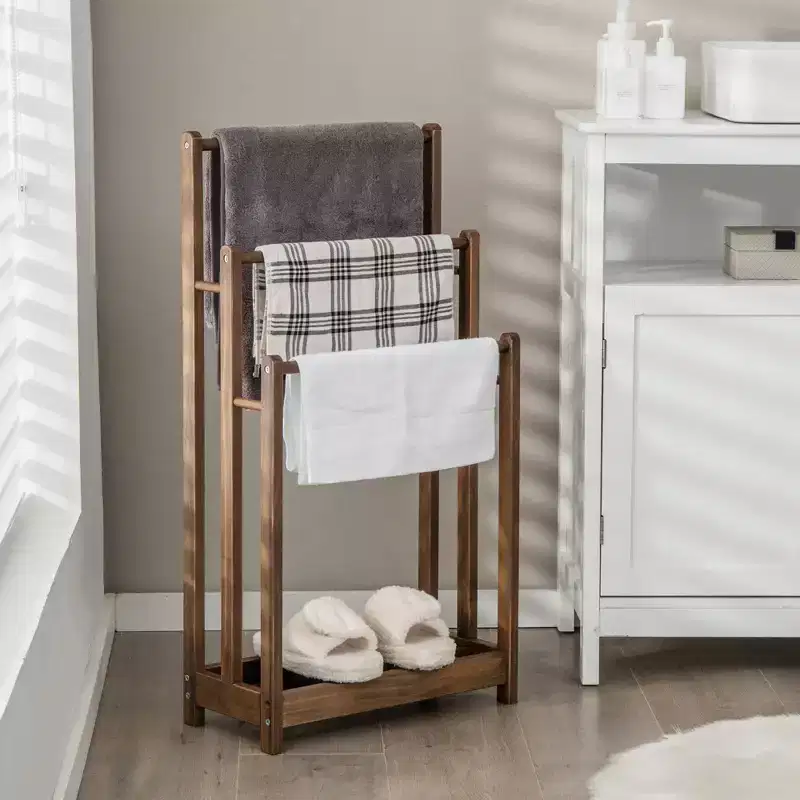 Costway 3-Bar Freestanding Towel Rack w/ Bottom Storage Shelf Anti-toppling Device Rustic Brown