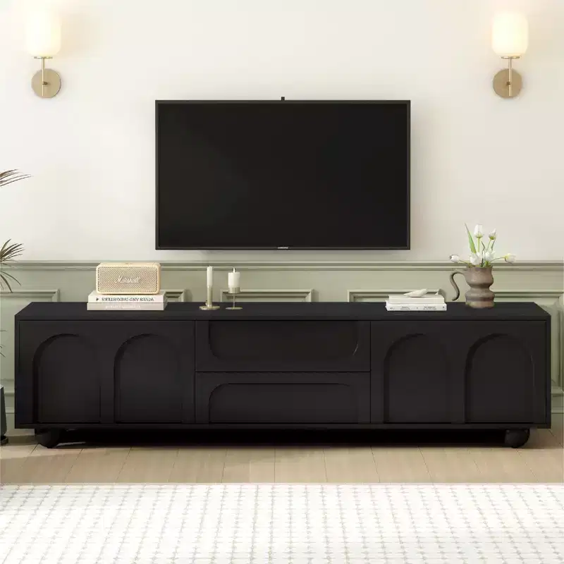 JVNOXK 69-Inch Stylish TV Stand with Arched Cabinet Doors, 2 Drawers, Suitable for TVs Up to 75 Inches; with Rebound Device; for Bedroom, Black