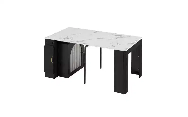 TUYOHW Extending Dining Table with Power Outlet,Mobile Rolling Kitchen Table with Arch Glass Door,Storage Island Table for Kitchen,Living Room