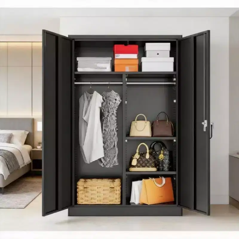 Black Adjustable Metal Storage Cabinet  Multipurpose Organizer with Hanging Rod for Home, Office & Kids Room