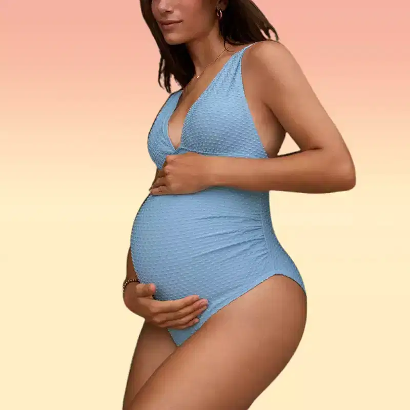 Clearlove Maternity Swimsuits One Piece V Neck Swimsuit Seersucker Textured Bathing Suits Open Back Triangle Cover Swimwear