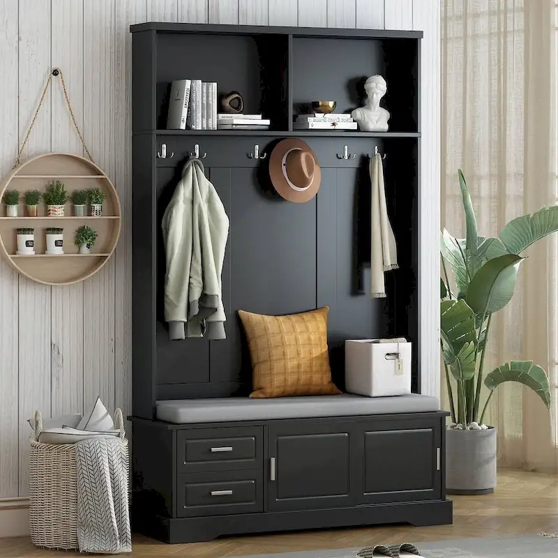Hall Tree with Sliding Door, Cushioned Bench & Silver Handles