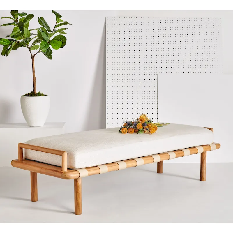 Teak Wood Cushion Bench Natural White Linen Coastal Boho Style