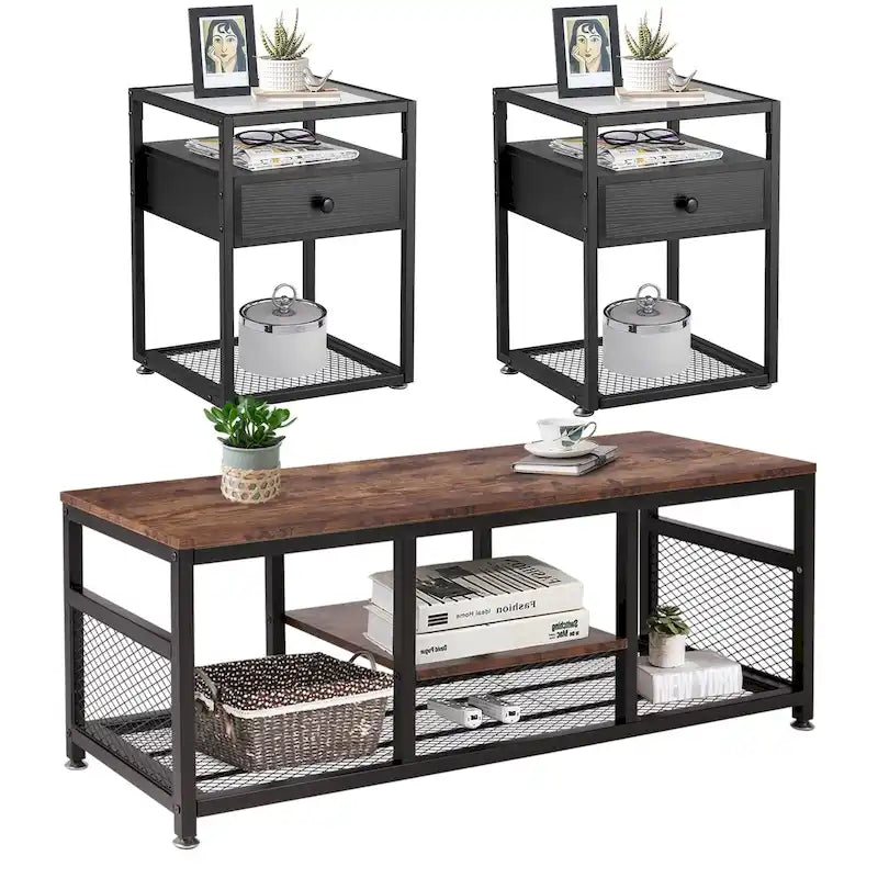 Taomika 3 Pieces Modern Coffee Table Set with Storage Shelves,Brown/Black Sets