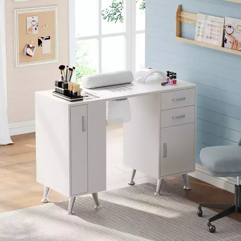 42'' Manicure Table for Nail Tech with Dust Collector and Wrist Rest, Nail Desk with Vertical Pull-Out Locker, 1 Storage Cabinet, 2 Drawers
