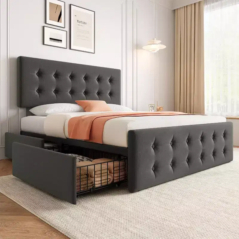 Full Size Platform Bed Frame with an Elegant and Stylish Headboard, 4 Storage Drawers, No Spring Mattress Required, Heavy-Duty Support