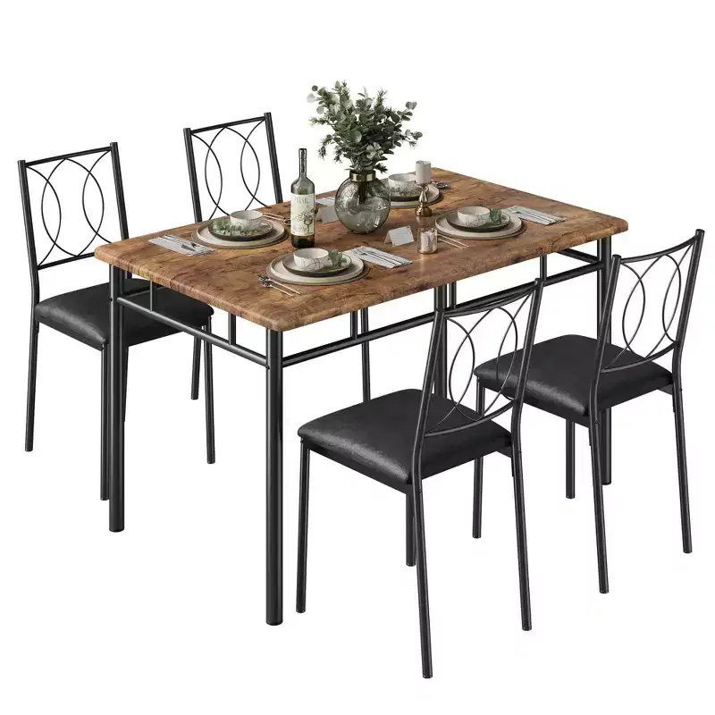 Farmhouse Dining Table Set for 4 - Dining Table with Upholstered Chairs, Wood Kitchen Table Set