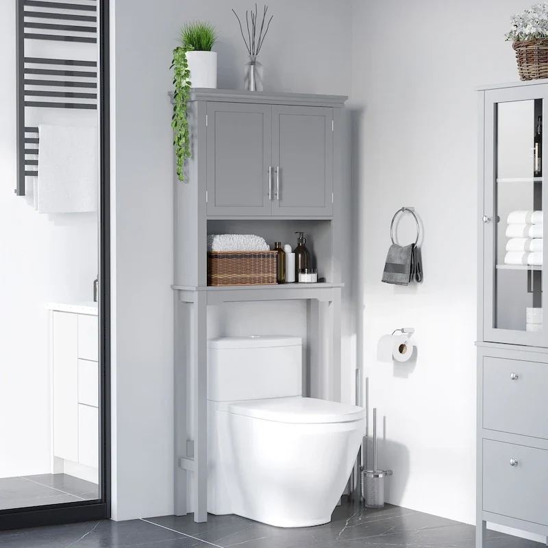 kleankin Modern Over The Toilet Storage Cabinet, Double Door Bathroom Organizer