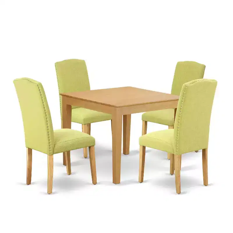 Neo-Classical Dining Set - 5Pc Square Table & Parson Chairs - Oak Leg Linen Fabric - 36 Inch