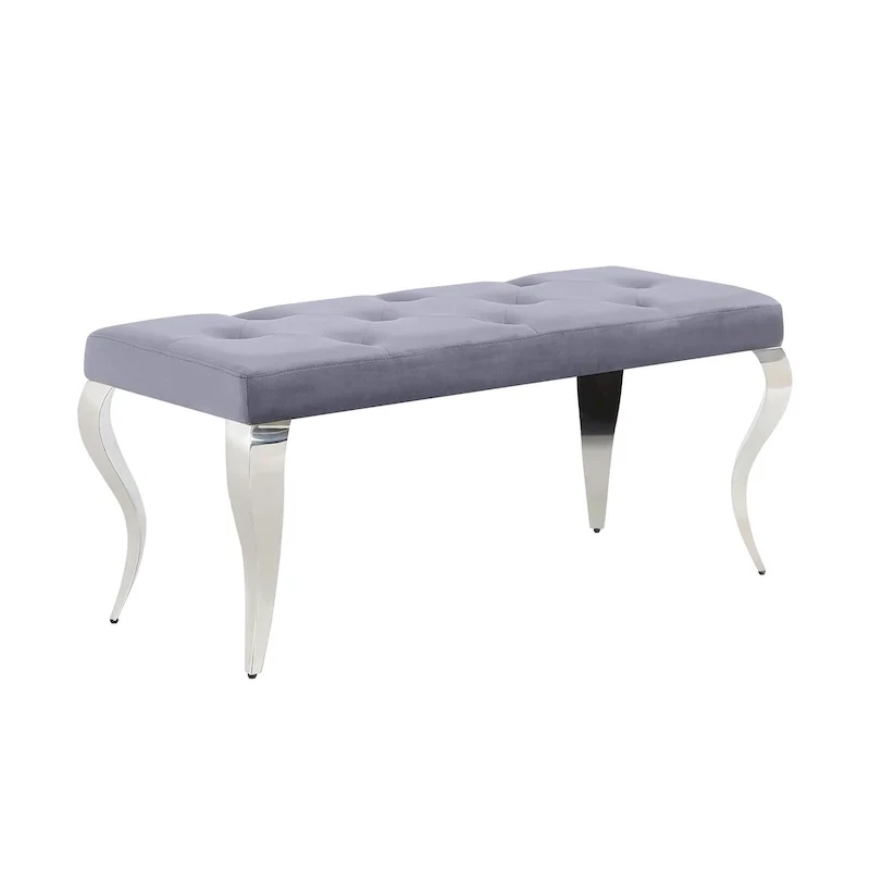 Velvet Button Tufted Upholstered Dining Bench with Polished Metal Legs