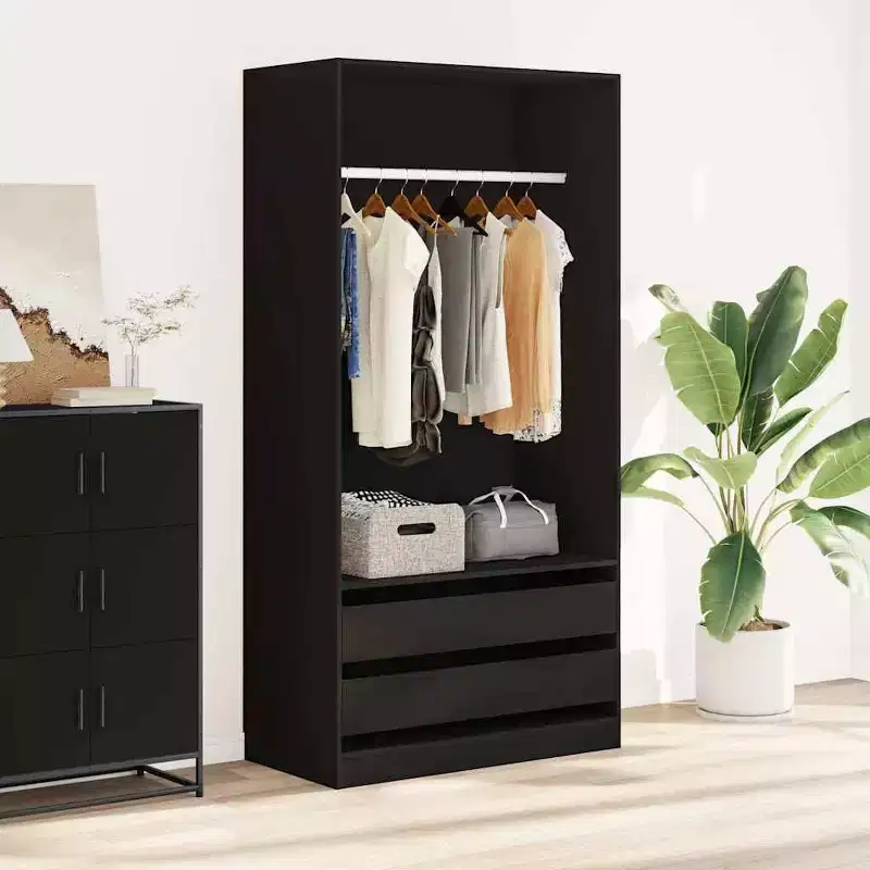 Black Engineered Wood Compact Wardrobe with 2 Drawers