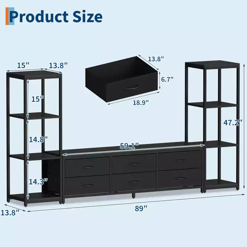 89 Inch TV Stand with 9 Fabric Drawers, Entertainment Center with 2 Industrial 4 Tier Bookcase, TV Media Console Table for Living Room, Bedroom