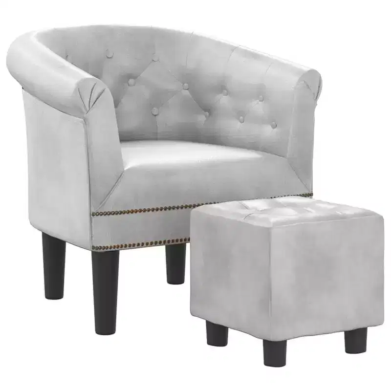 Tub Chair with Footstool �C Silver Faux Leather, Button-Tufted, Pine Wood Frame