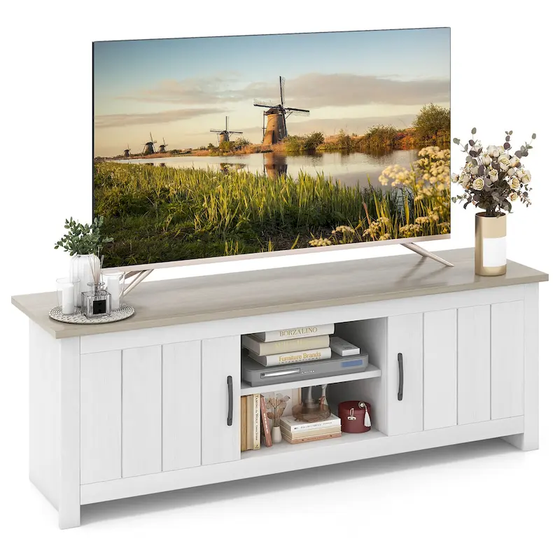 White & Greyish Brown Farmhouse TV Stand with Cabinets for TVs up to 65