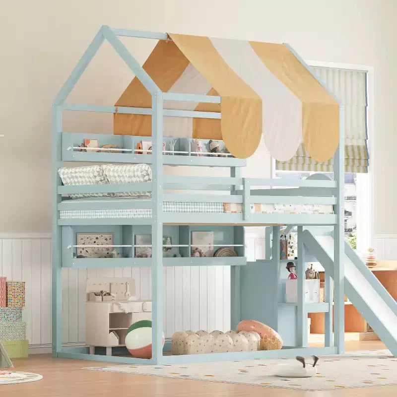 Full Size House Bed with Canopy and Slide for Kids, Wood Loft Bed with Built-in Bookshelves and Storage Staircase