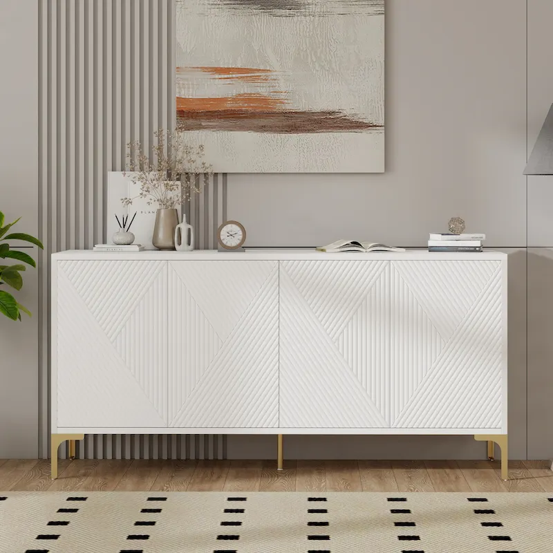60 4-Door Sideboard Cabinet with Carved Door Panels and Adjustable Shelves