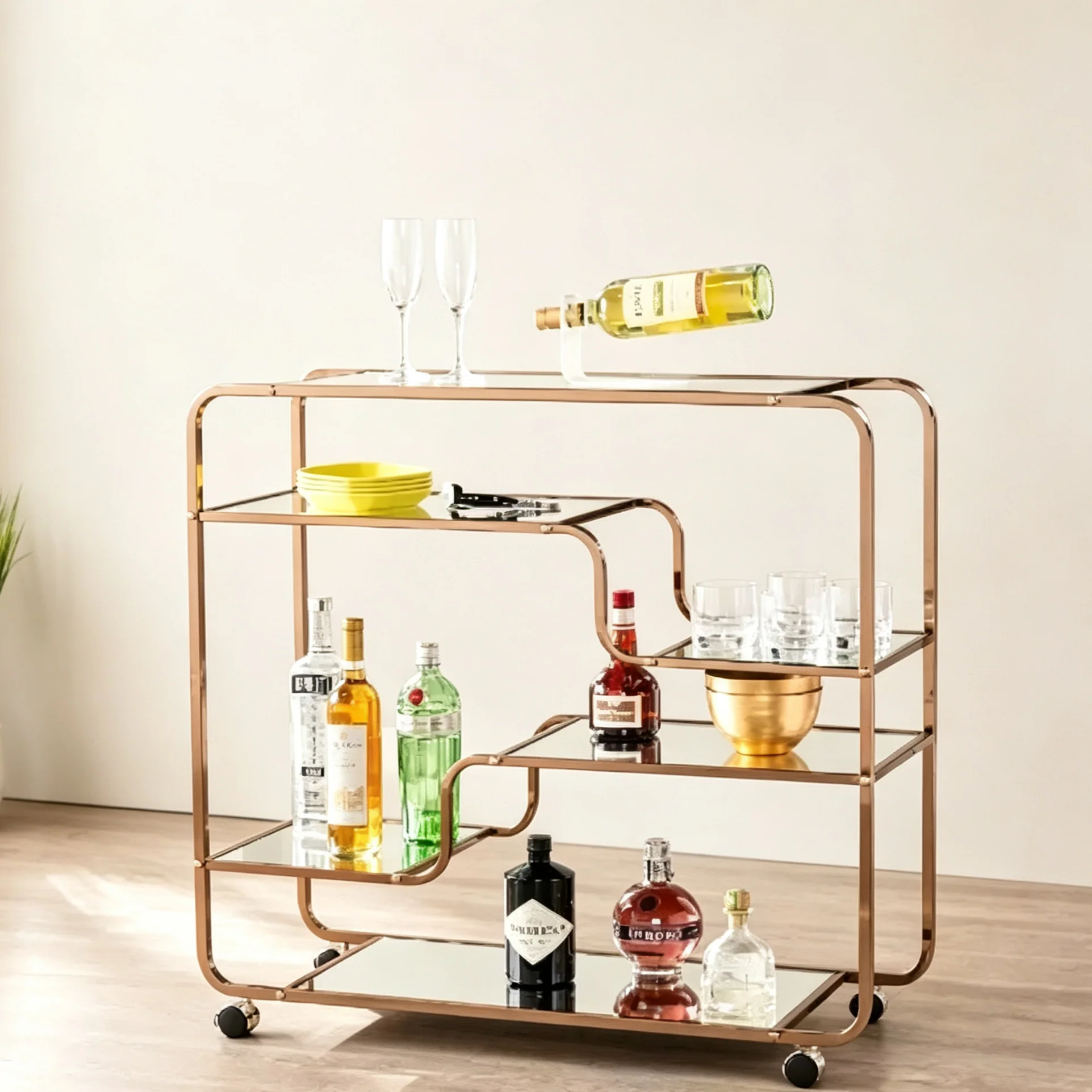 Art Deco Mirrored Bar Cart with 6 Shelves & Locking Casters - Gold