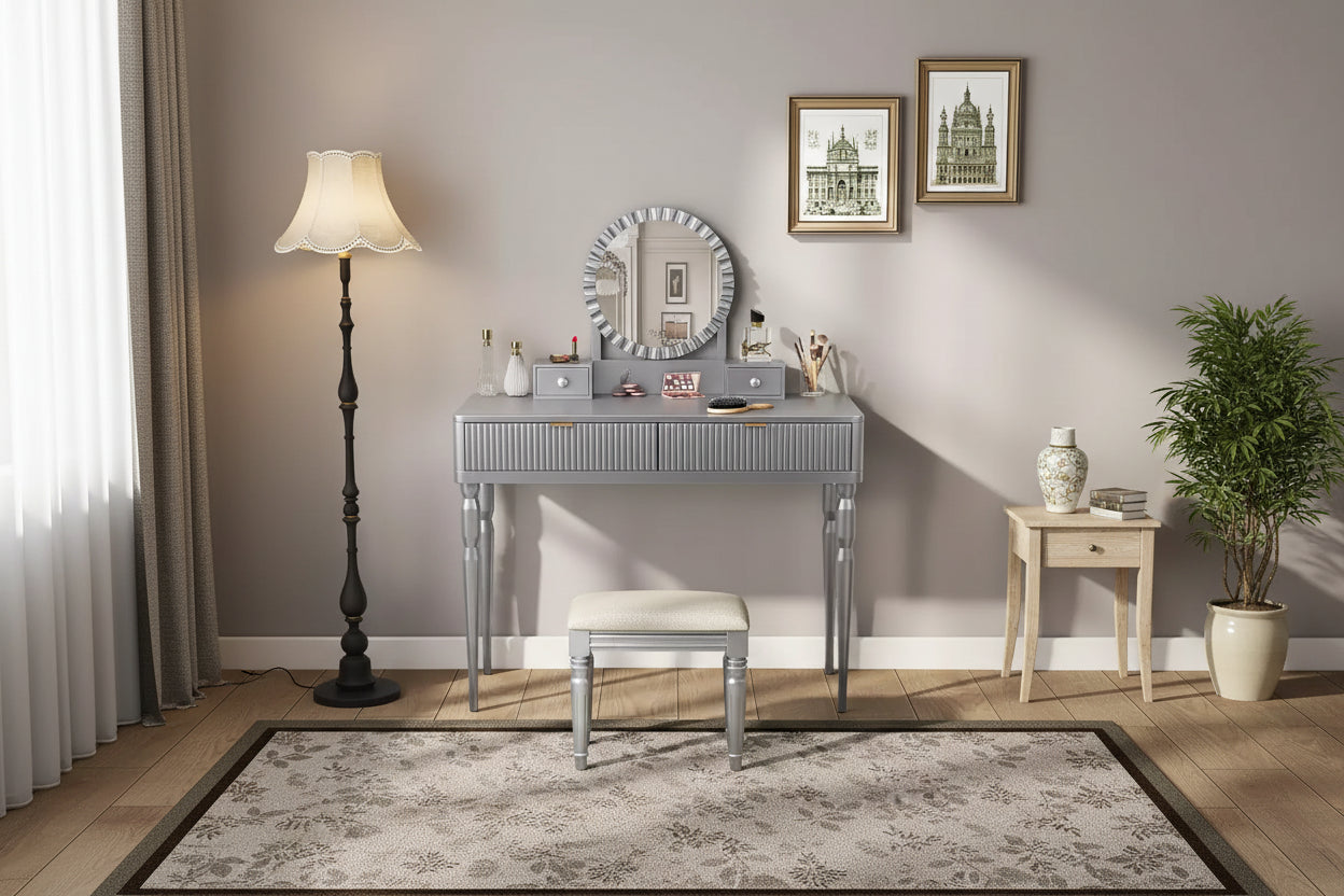 Retro Vanity Desk with Height-Adjustable Round Mirror, Faux Leather Stool & 4 Drawers