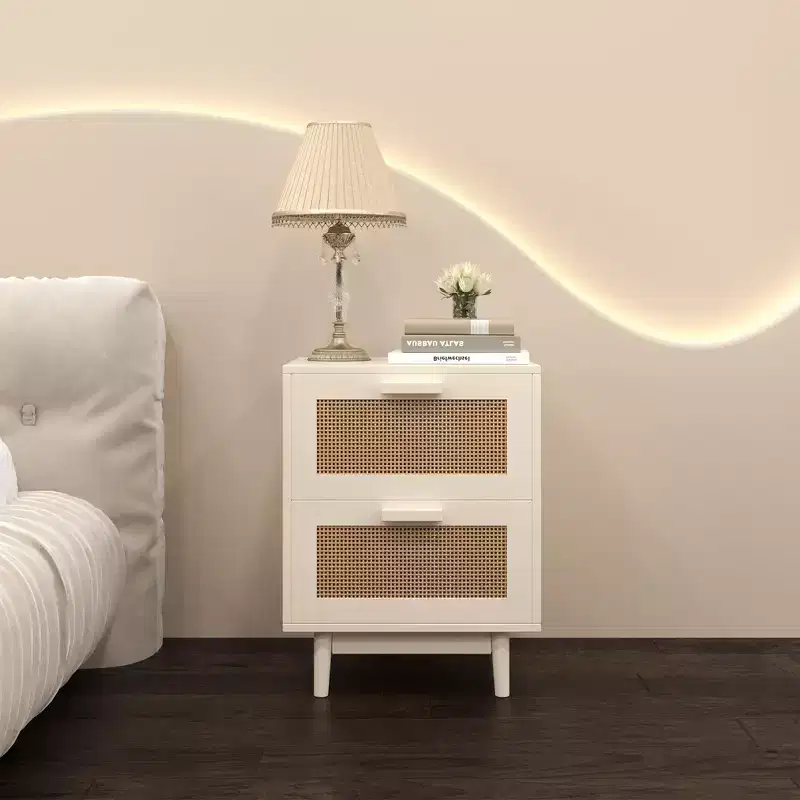 Rattan Nightstand with 2 Drawers, Wood Bedside Table with Faux Rattan Fronts, Storage End Table, Burly Wood