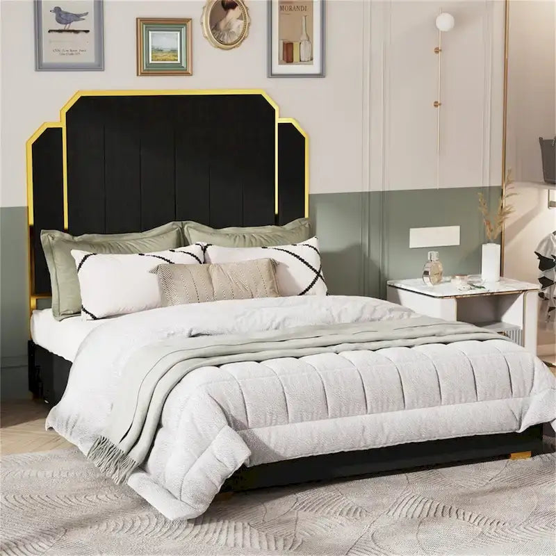 Queen Velvet Platform Bed – Gold + Creamy White / Black / Blue, Channel Headboard, 4 Storage Drawers, Sleeps 1