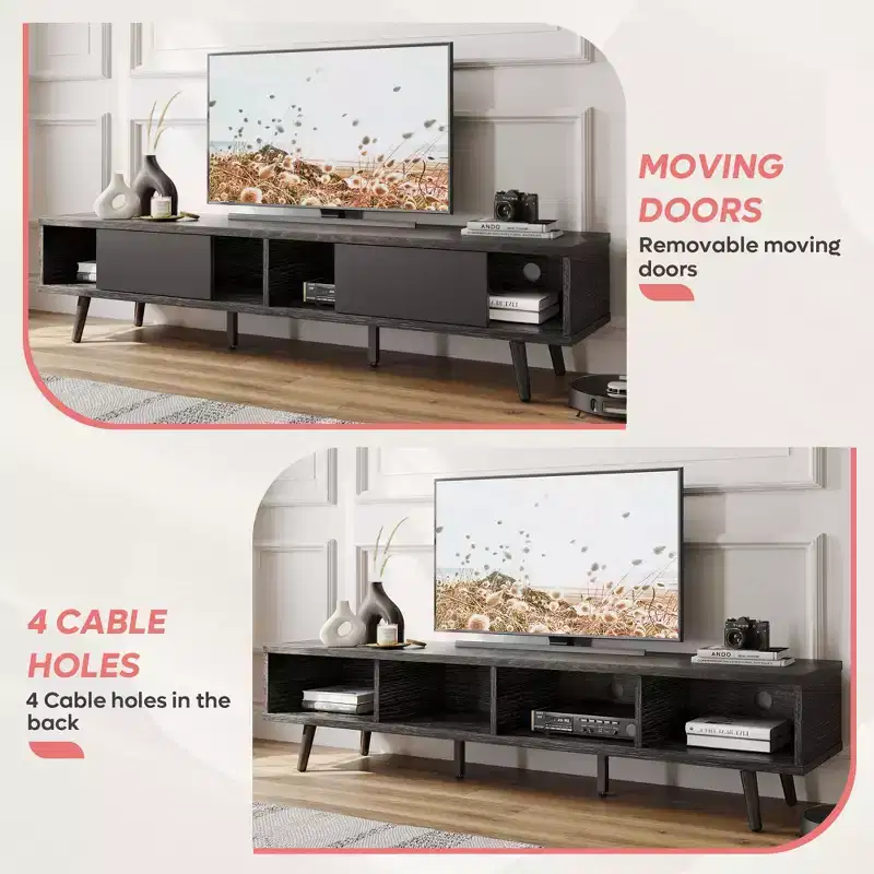 70 in Mid-Century Modern TV Stand | Fits 65/70/75 in TVs | Sliding Doors | Low Entertainment Center