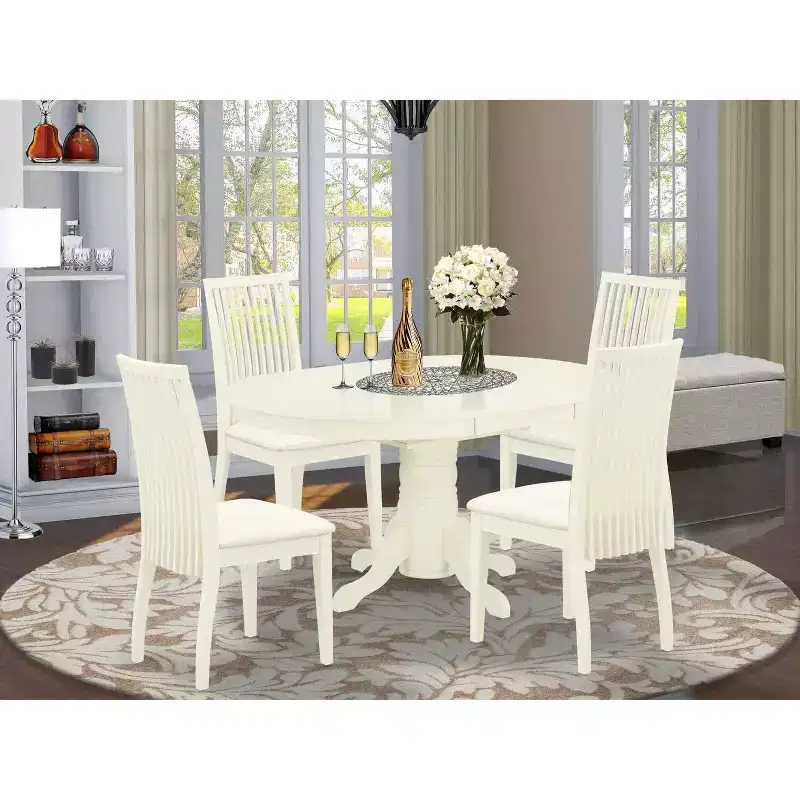 HomeStock 5-Piece Oval Linen White Finish Solid Wood Top Dining table with 4 Chairs with Butterfly Leaf