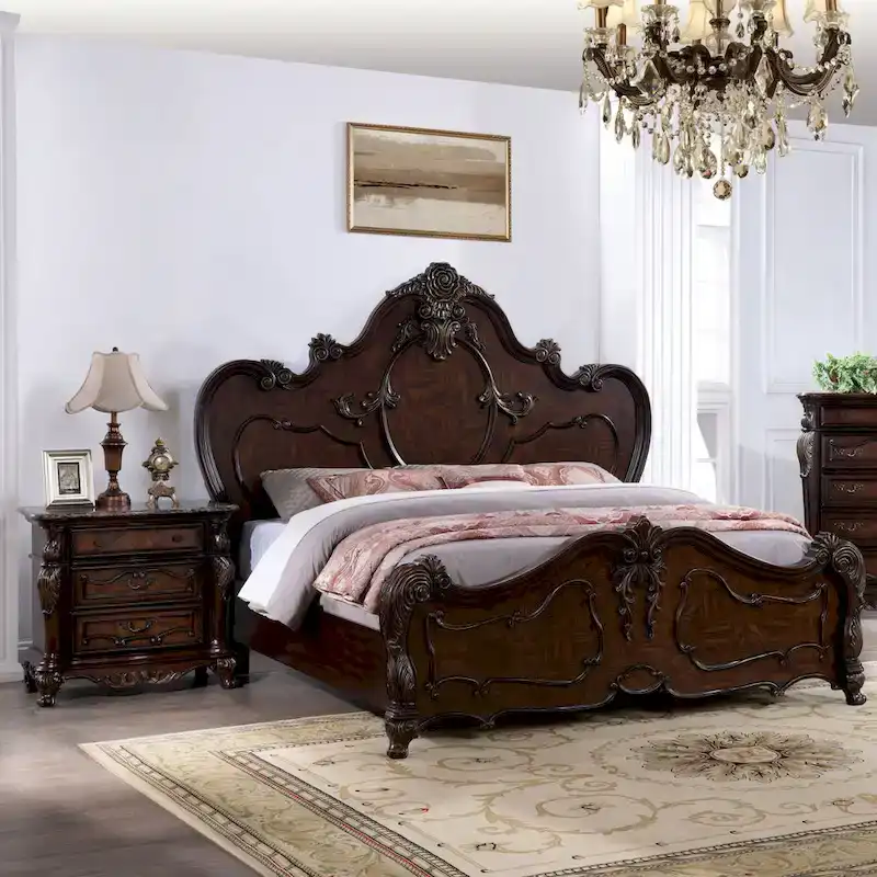Traditional 4-Poster Bed & 2 Nightstands Set – White / Dark Cherry – King / Queen