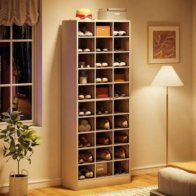 10-Tier Shoe Storage Cabinet, White and Brown Wooden Shoe Rack with 30 Cubbies for Closet, Entryway, Living Room
