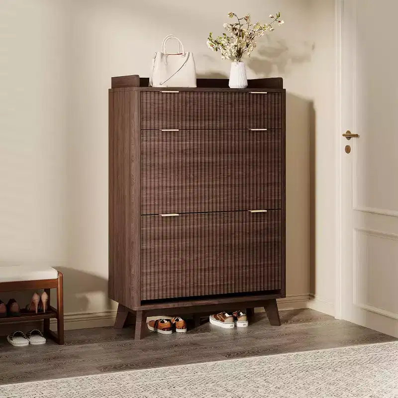 Modern Fluted Shoe Cabinet, 48 Tall Narrow Wooden Shoe Rack Organizer with Storage Drawer, 2 Flip Drawers & Adjustable Shelves for Living Room