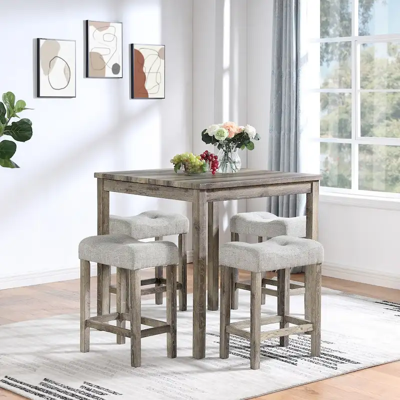 5-Piece Dining Table Set, Wood Square Table and 4 Upholstered Chairs