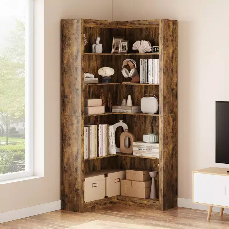 71.8" Tall L-Shaped Corner Bookcase - 5-Tier Farmhouse Industrial Wood Shelves