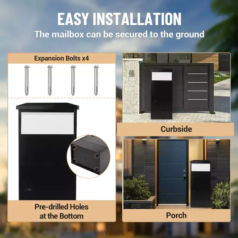 Anti Theft Package Delivery Boxes for Outside, 15.4 x 10.2 x 20.9 Galvanized Steel Wall Mounted Mailbox, Black