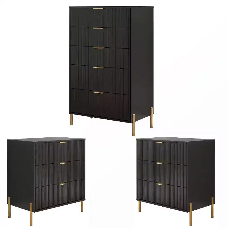 Festivo 3pc Modern Elegance 3 Drawer Nightstands and 5 Drawer Chest Set
