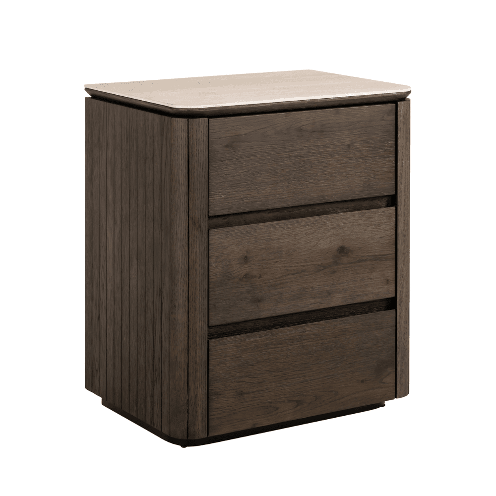 Dark Brown 3 Drawer Bedside Table with Travertine Top