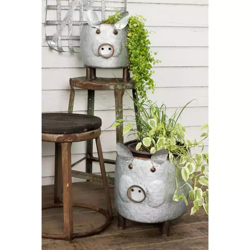 Transpac Metal Country Pig Planters Set of 2 Multicolored Tabletop Decor for Spring Home and Garden Decoration