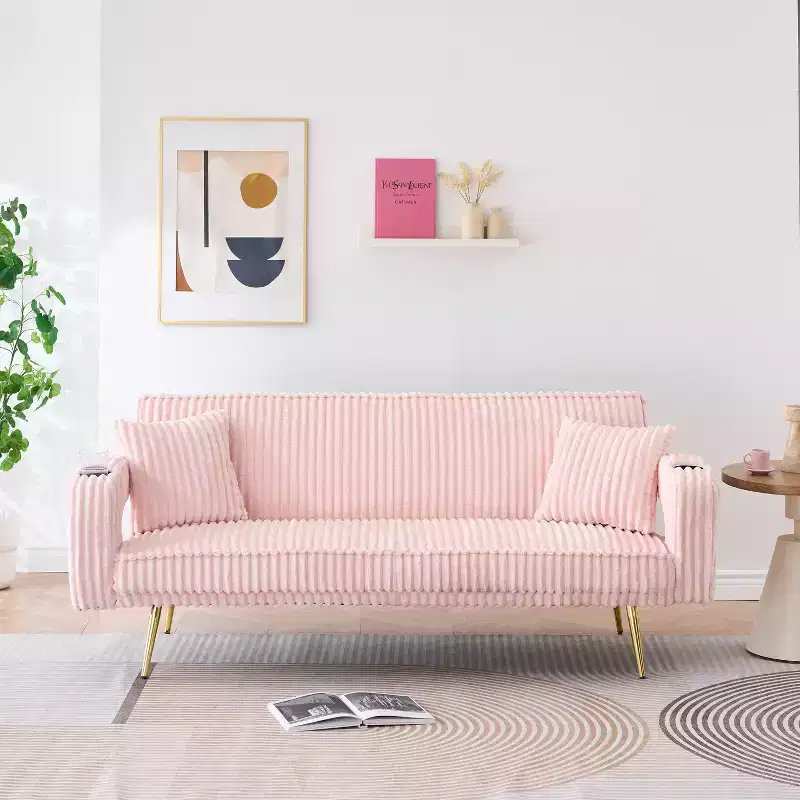 Pink Corduroy Sofa Bed, 2-Seat, Adjustable 3-Level Backrest