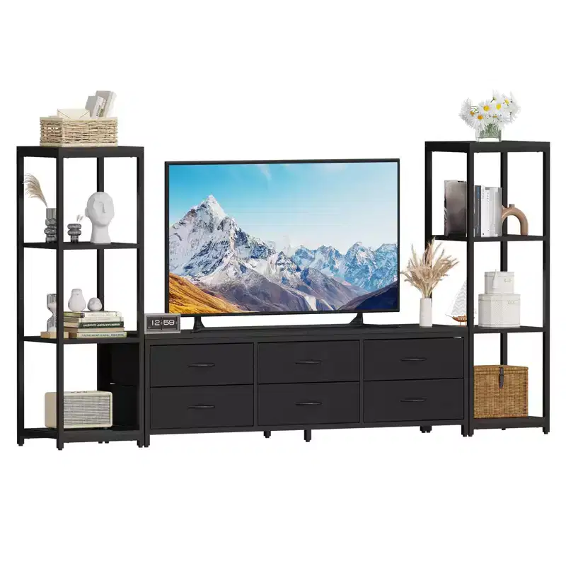 89 Inch TV Stand with 9 Fabric Drawers, Entertainment Center with 2 Industrial 4 Tier Bookcase, TV Media Console Table for Living Room, Bedroom