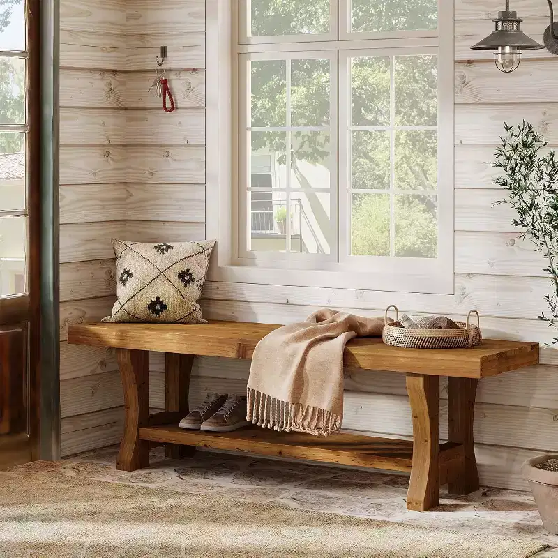Lantine Solid Wood Entryway Bench, 55 End of Bed Bench, Long Indoor Dining Seat for Hallway, Bedroom, Living Room, Dining Room, Brown
