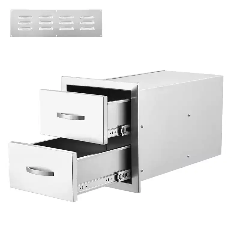 Outdoor Kitchen Drawers, 17.8W x 20.2H x 12.2D Inch, Flush Mount Double BBQ Drawer, Stainless Steel BBQ Island w/Handle, for Outdoor Kitchens Patio