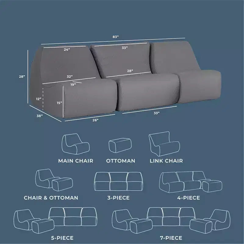 Big Joe Solvana Outdoor Patio Furniture Set, Weather-Resistant Cool Touch Silicone Stitched Leather Sofa, 3 Piece Sectional, Moonlit Gray