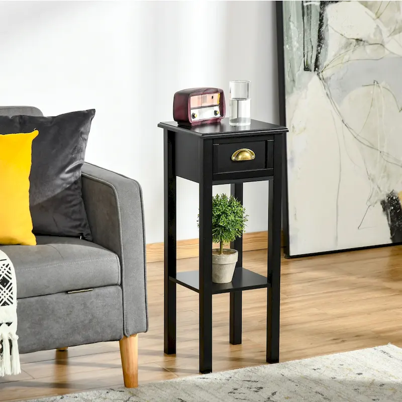 HOMCOM 2-Tier Night Stand with Drawer, Narrow End Table with Bottom Shelf, for Living Room or Bedroom