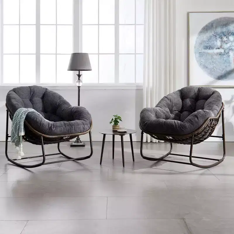 Modern Rattan Accent Rocking Chair with Padded Cushion and Steel Frame