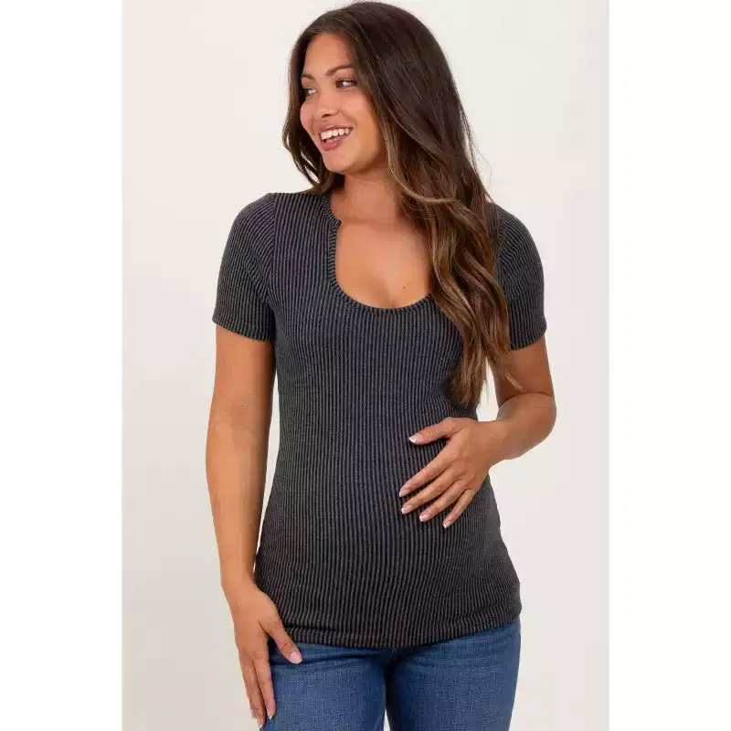 Pinkblush Charcoal Solid Ribbed Short Sleeve Round Neck Basic Maternity Top