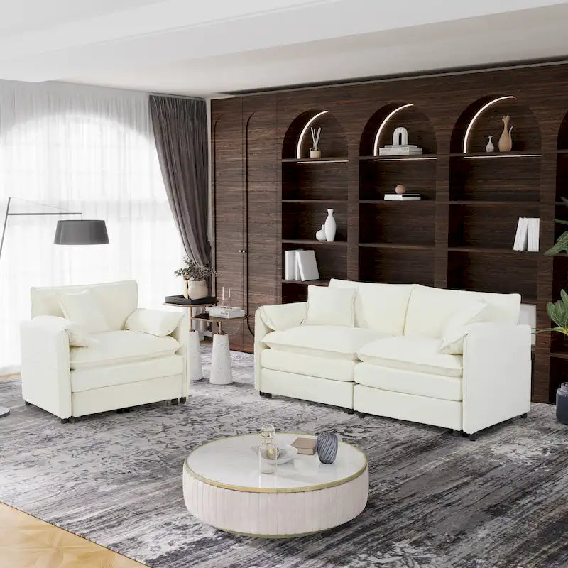 3-Piece Chenille Cloud Sofa & Armchair Set with Deep Seats & 3 Pillows